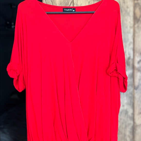 TongKiKi Women's Wrap Front Loose Fit Short Sleeve V Neck Top - Picture 1 of 4